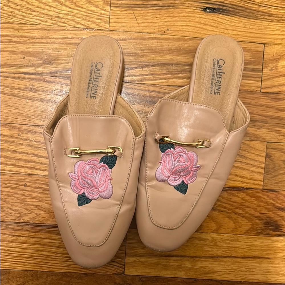 Katherine's Collection Blush Leather Mules with Pink Rose Embroidery